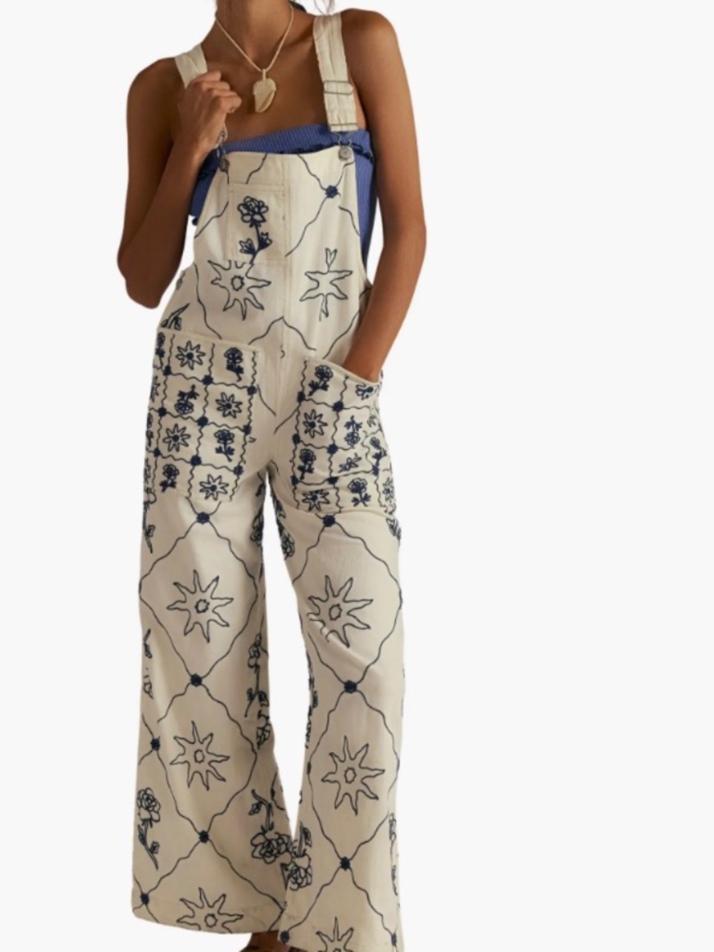 Free People Floral Overalls Jumpsuit Ivory Navy NWT S